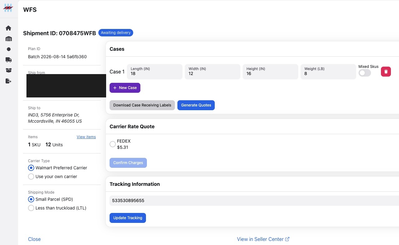 A ScanPower WFS shipment screen, showing case dimensions, a confirmed FedEx carrier rate quote, and tracking information for a Walmart WFS shipment.
