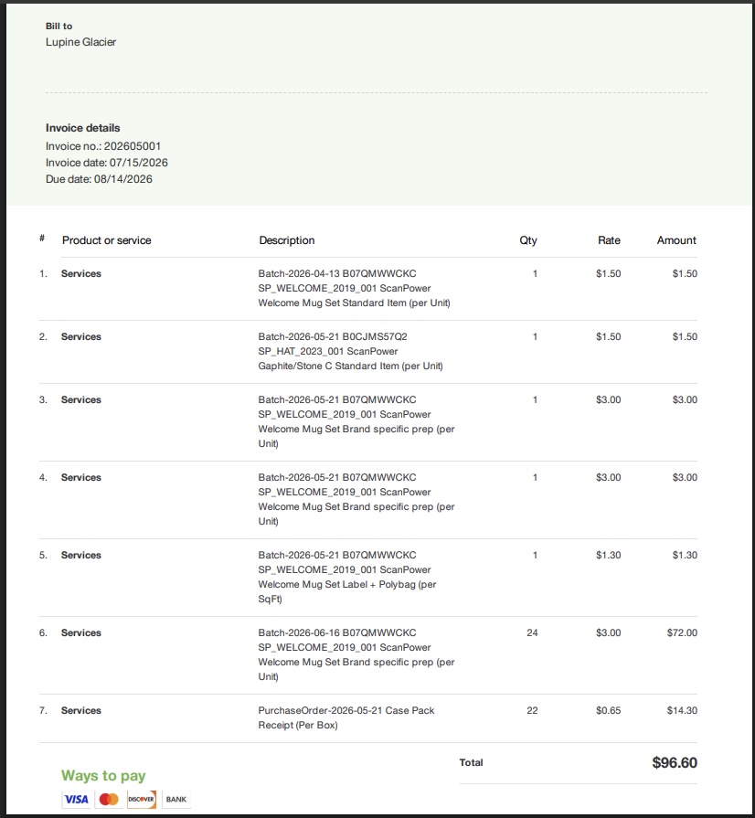 A real ScanPower Prep Billing invoice delivered through Quickbooks, itemizing per-unit prep charges by batch and SKU, with a total due.